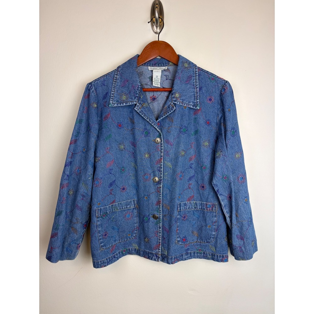 Stephanie Andrews Denim Jacket 10 Blue Floral Embroidered Chore Coat Vintage 90s